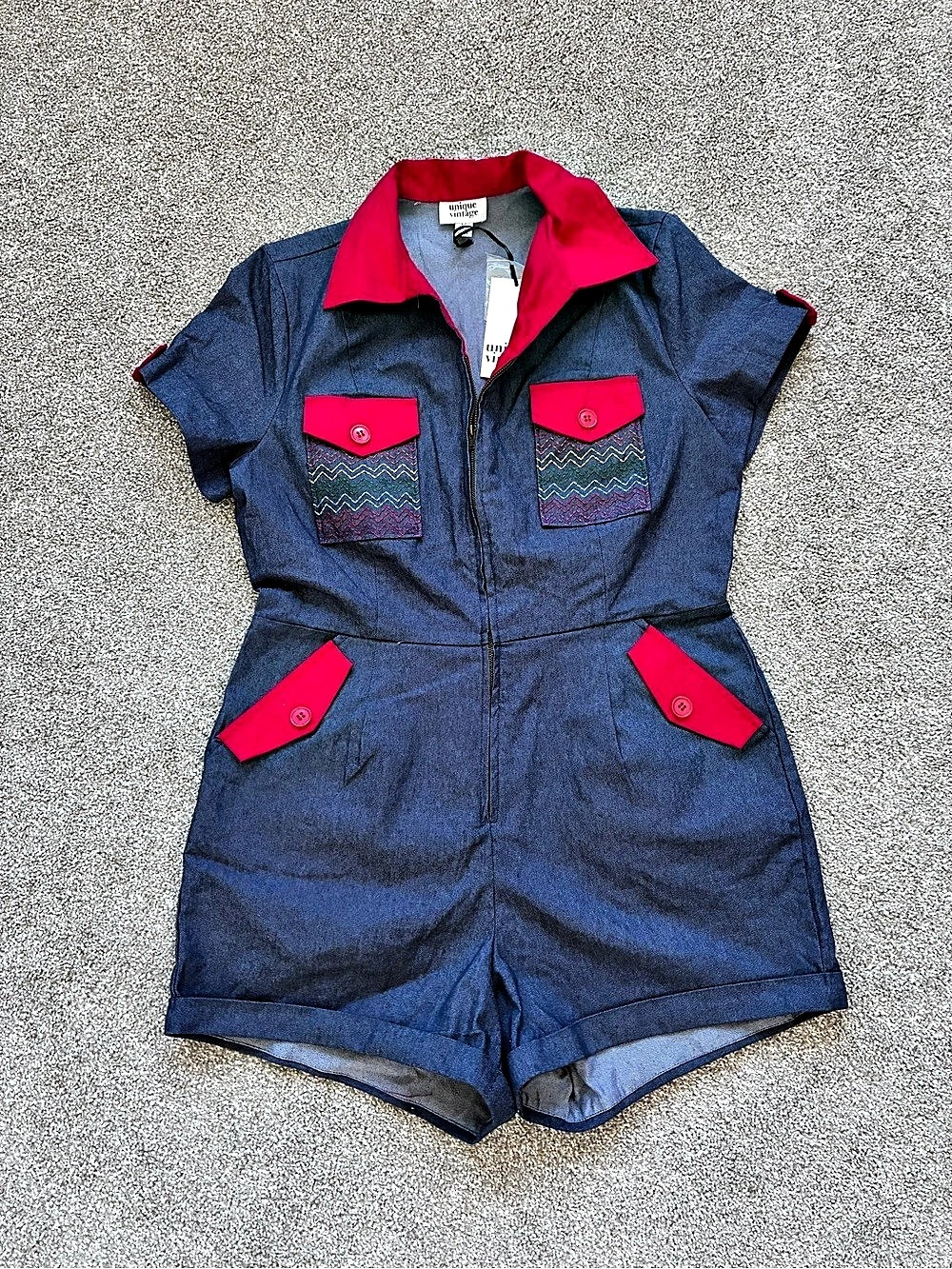 Unique Vintage Denim Romper Blue & Pink Size large NWT rockabilly retro rainbow